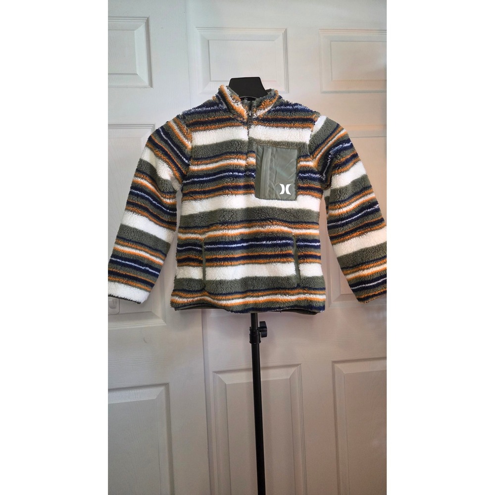 Hurley Kids Striped Sherpa Fleece Quarter Zip Pullover Jacket Olive Orange S 6/7